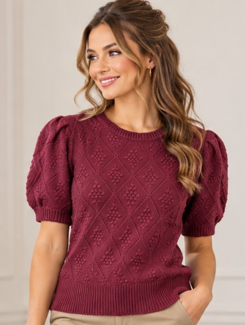 NWT Cyrus Tawny Port Pointelle Puff Sleeve Sweater Top Size Medium MSRP $79